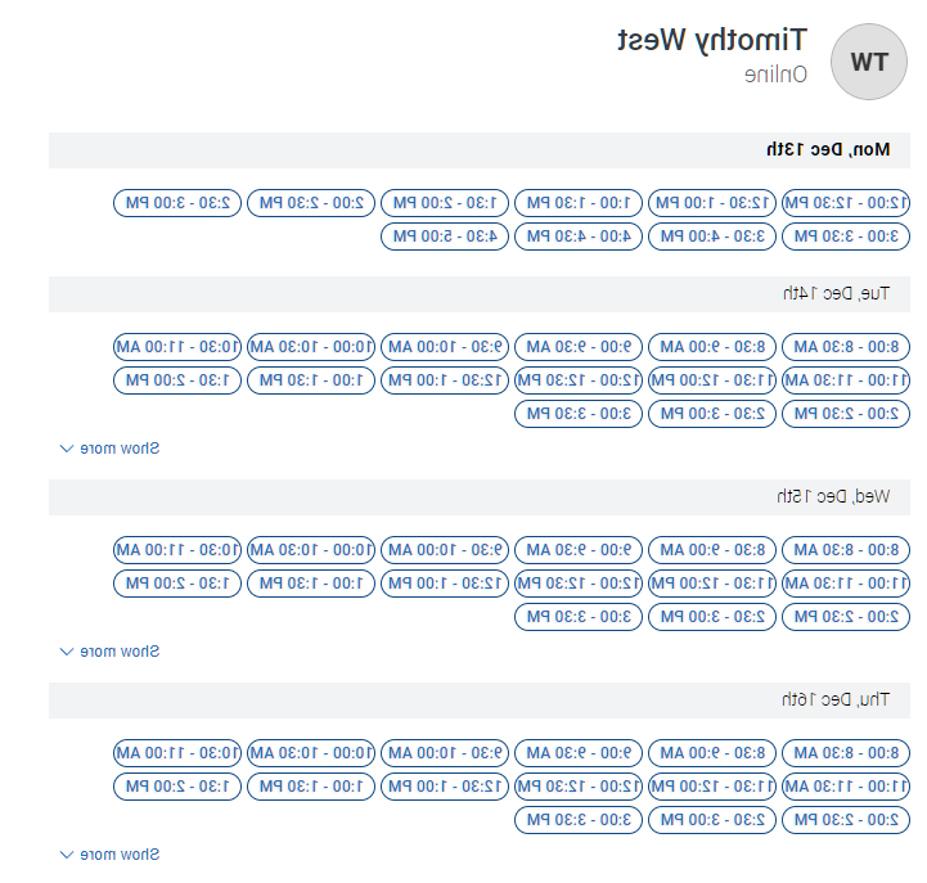 EAB导航时段选择-显示顾问Timothy West在12月13日的可用性